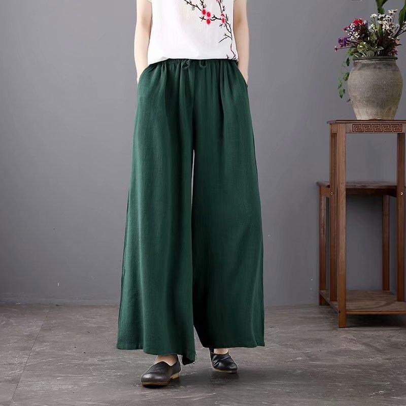 ワイドパンツ レトロ コットンリネン 無地 カジュアル パンツ ズボン レディース ファッション 春夏 ジャカード ゆったり 伸縮性 ドローストリング ワイド レッグ ナチュラル ウエストゴム