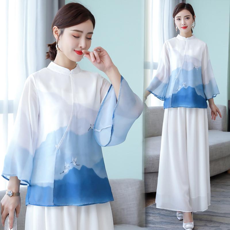 ワイドレッグ パンツ チャイナ風 禅スタイル 漢服 シャツ トップス セットアップ 春夏 手描き プリント..