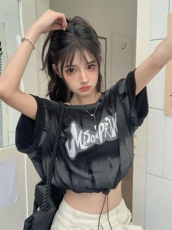 ジャズ ダンス トップス レディース ショート丈 バック クロス 巾着 半袖 Tシャツ 夏 ホワイト ブラック