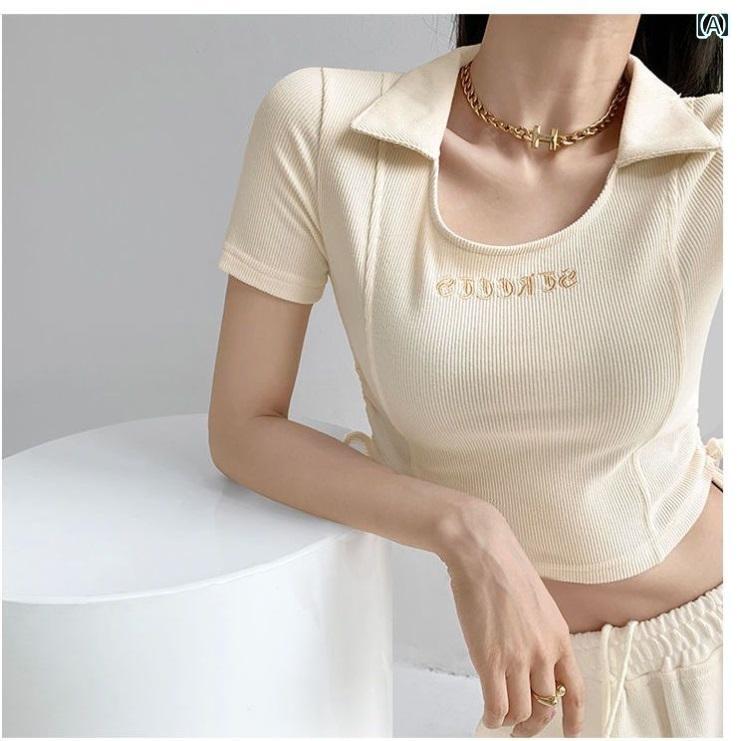 ジャズ ダンス kpop レディース ショート丈 トップス POLO ニット スリム 半袖 Tシャツ エレガント シンプル カジュアル