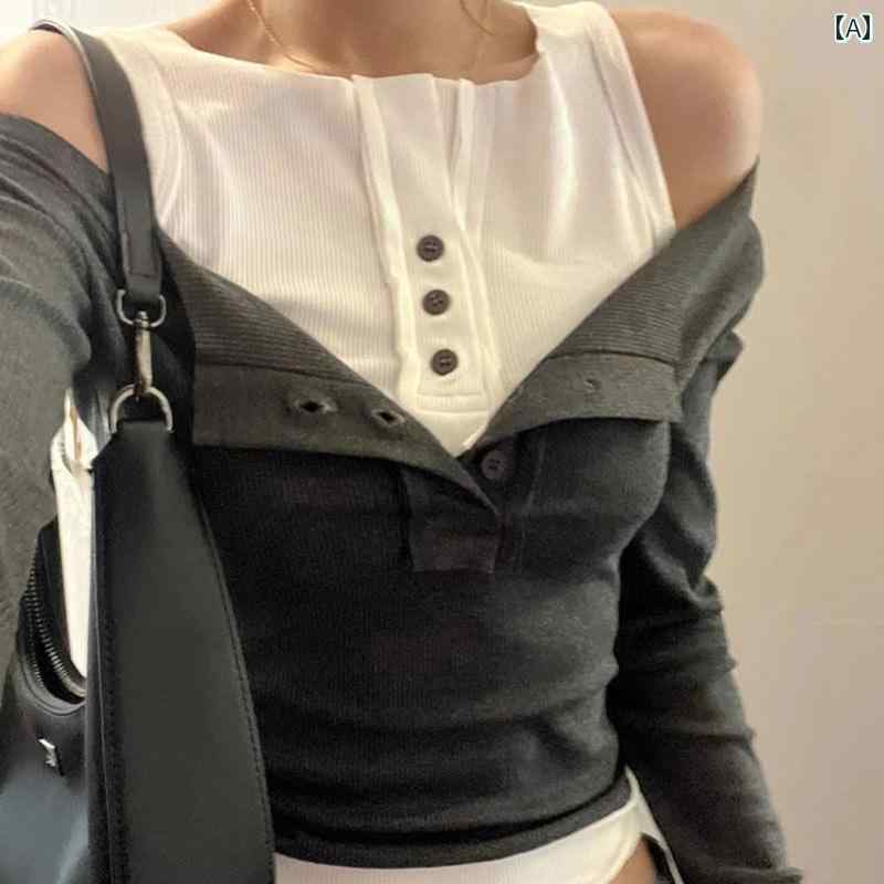 女性 ジャズ ダンス トップス ショート丈 長袖 Tシャツ スリムフィット 重ね着風 レイヤード カジュアル 痩せて見える