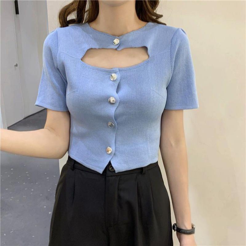 ジャズ kpop ダンス トップス 女性 ニット ショート丈 スリム ハイウエスト 露出 へそ セーター 体型強..