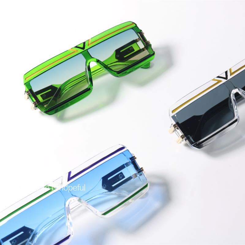 サングラス ワンピース 長方形 フルフレーム 繋がっている クリア 透明 緑 ブルーライトカット 紫外線..