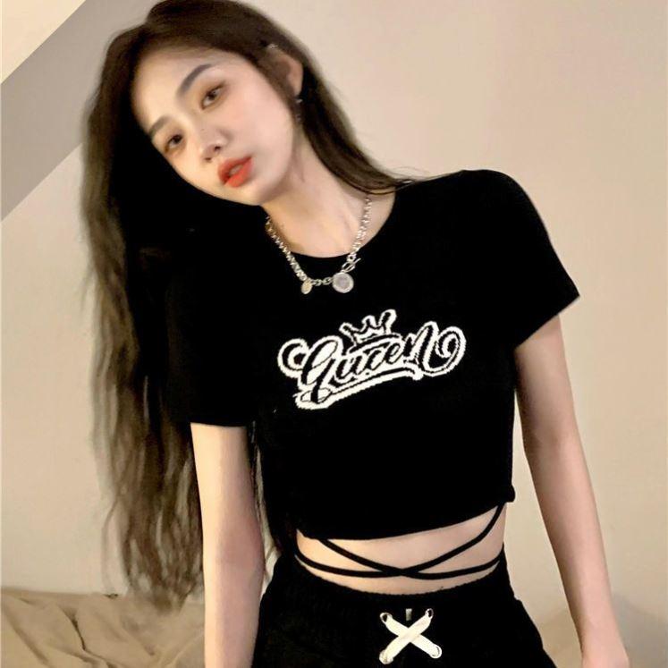 半袖 ニット生地 衣装 ダンサー レディース トップス ショート丈 ミニ丈 Y2K アメカジ へそ出し ピチT ..