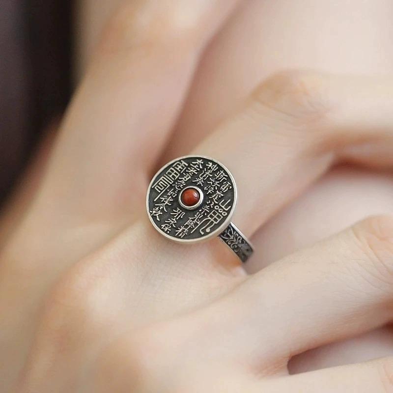 リング 925 シルバー アクセサリー 中国 山鬼 コイン 南紅 オープン 指輪 サイズ 調整可能 カジュアル ..