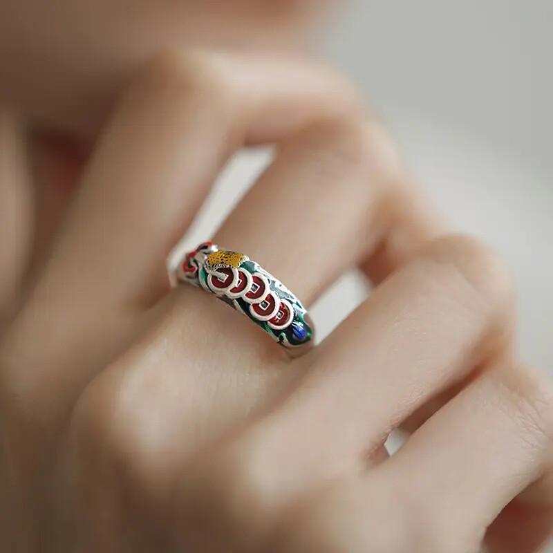 リング 925 シルバー アクセサリー 中国 エナメル 五皇帝 銅貨 オープン 指輪 サイズ 調節可能 カジュ..