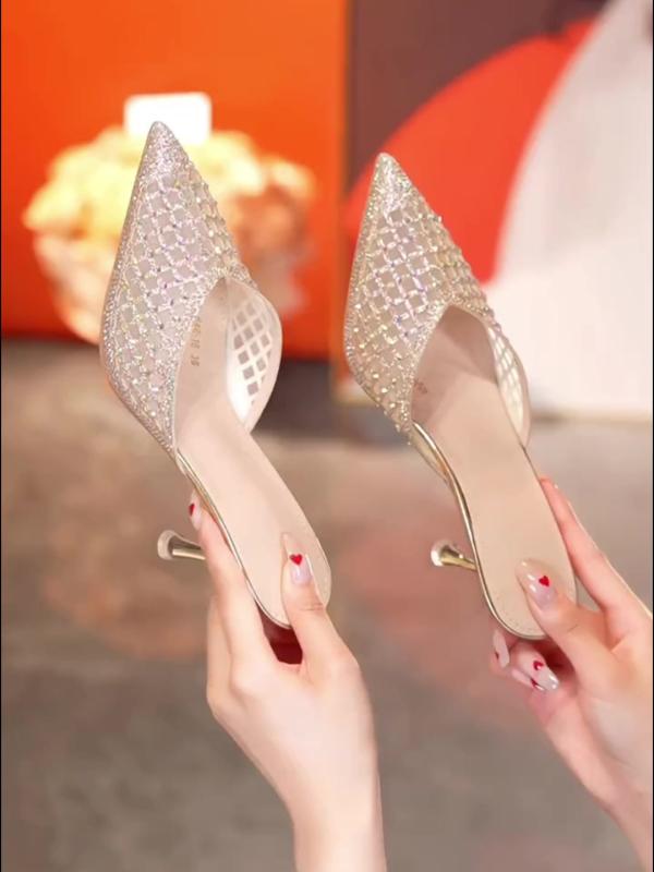 サンダル メッシュ ハーフスリッパ 女性用 春夏 スティレット ポインテッドトゥ ハイヒール ミュール おしゃれ お出かけ ショッピング デイリーユース スタイリッシュ