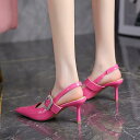 スリングバック パンプス 7cm 春夏 ローズレッド メリージェーン ハイヒール ピンヒール 滑り止め付 ベルト装飾 尖ったつま先 サンダル 女性用 パーティー キャバ嬢 無地 スパンコール