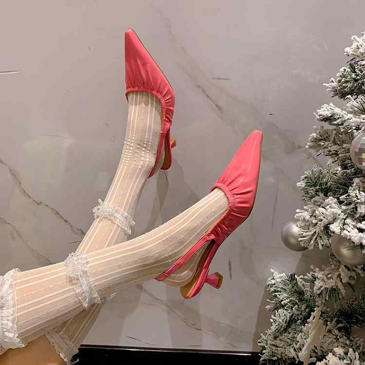 スリングバック パンプス レディース 韓国 ネオンカラー 蛍光色 派手 しわ模様 ラグジュアリー エレガント レザー ゴールド ベージュ ローズレッド