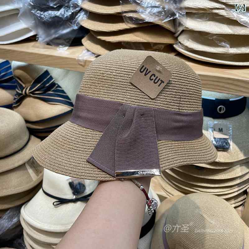 帽子 カジュアル フロント バック 麦わら 編み 女性用 夏用 エレガント コントラスト カラー リボン サンハット(4)