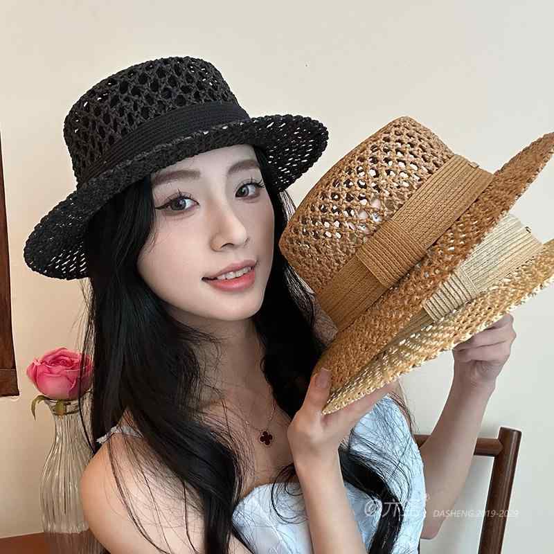 カンカン帽 女性 春夏 麦わら帽子 シースルー フラットトップ 日除け つば広 サン...