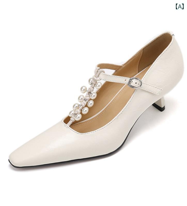 パンプス 女の子 パールビーズ 革靴 レディース 5cm スティレット ミドルヒール 浅い口 メリージェーン シューズ シック レザーシューズ