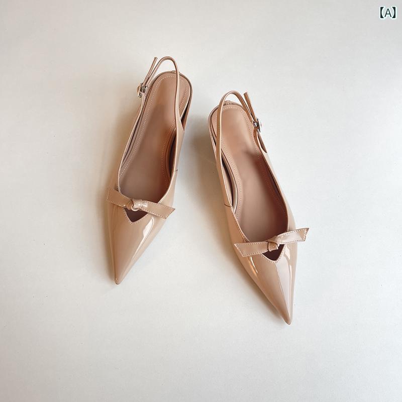 パンプス シープスキン 尖った リボン フレンチ メリージェーン シューズ 浅い履き口 女性用 モダン クローズドトゥ サンダル(4)