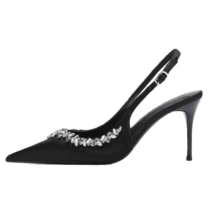 スリングバック パンプス フランス風 尖った 黒 ハイヒール ラインストーン スティレット スタイリッシュ サンダル 足が疲れにくい 女性用