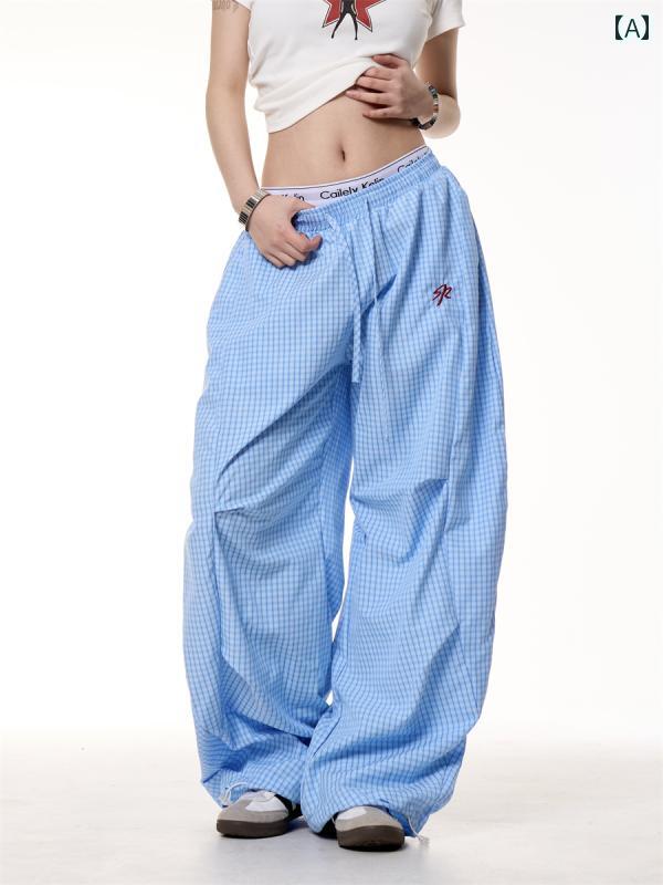 レディース パンツ ロング アメリカン レトロ チェック柄 夏 ゆったり カジュアル ルーズフィット ストリートファッション