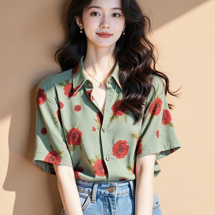 レディース ローズ フラワー シャツ トップス 半袖 シンプル キレイ目 カジュアル おしゃれ 万能 快適