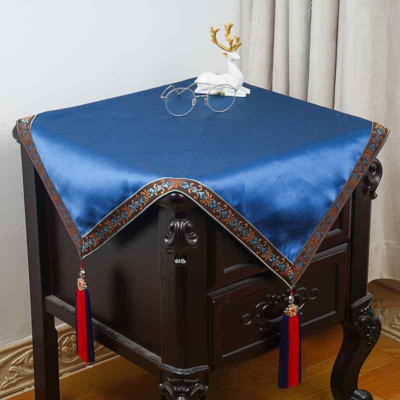 テーブルクロス 高級 カラー サテン生地 ツヤ感 アメリカン レトロ 中華 チャイナ ベッド サイド カバー テーブルクロス 正方形 結婚式 刺繍入り 防塵 青 ブルー