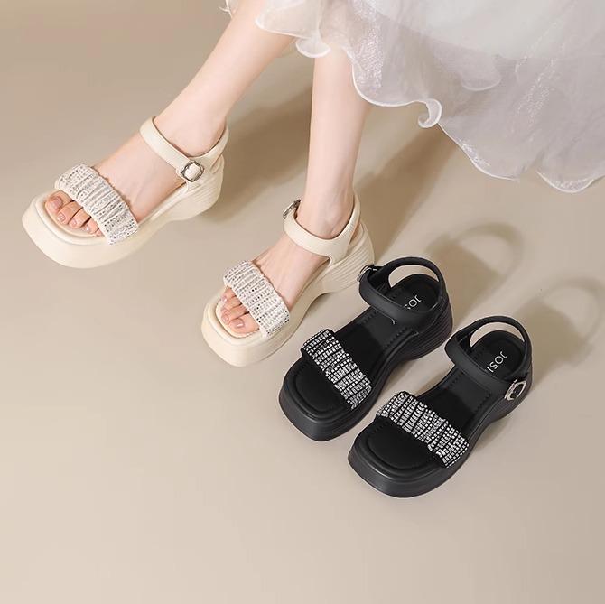 レディース 靴 シューズ サンダル ヒール おしゃれ ラインストーン 女性用 夏 厚底 エレガント カジュアル ビーチ
