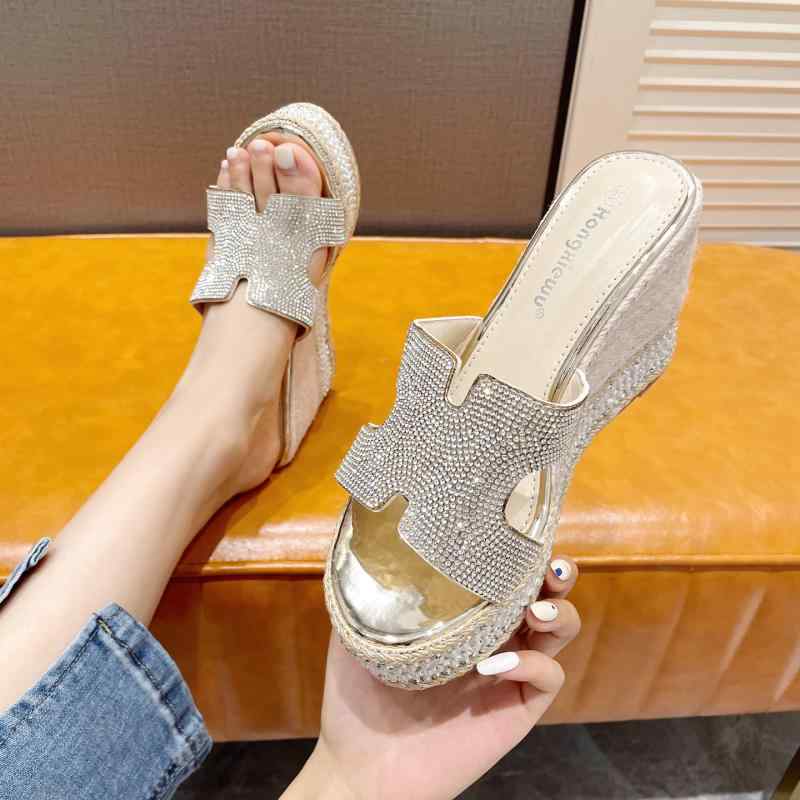サンダル PU ラインストーン 厚底 10cm シルバー ウェッジ ハイヒール ワンステップ プラットフォーム スリッパ シューズ カジュアル 韓国 防水 万能 夏 レディース 軽量 アウトドア