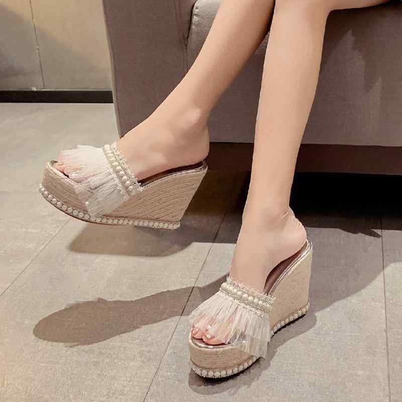 サンダル PVC PU 厚底 11cm ウェッジ ハイヒール パール ラインストーンレース メッシュ ワンワードバックル スリッパ シューズ カジュアル 防水 春夏 レディース 軽量 ソフト 日常使い