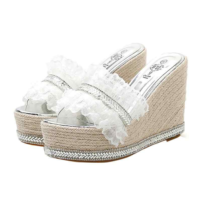 サンダル PVC PU 厚底 12cm ウェッジ ハイヒール レースエッジ ラインストーン ワンラインバックル スリッパ シューズ カジュアル 韓国 魅惑的 レディース 軽量 ソフト 日常使い