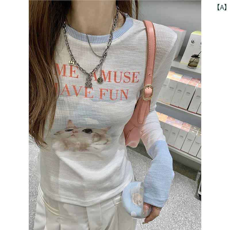 トップス 春秋 レディース 猫愛好家 キャット 動物デザイン Y2K フィット感 ダンサー 長袖 ラウンドネ..