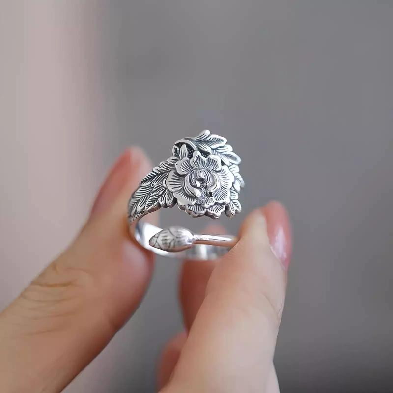 リング 925 シルバー アクセサリー 牡丹 花 モチーフ オープン 指輪 サイズ 調整可能 カジュアル レト..