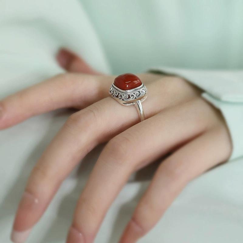 リング 925 シルバー アクセサリー アラベスク 珊瑚 スクエア オープン 指輪 サイズ 調整可能 カジュア..