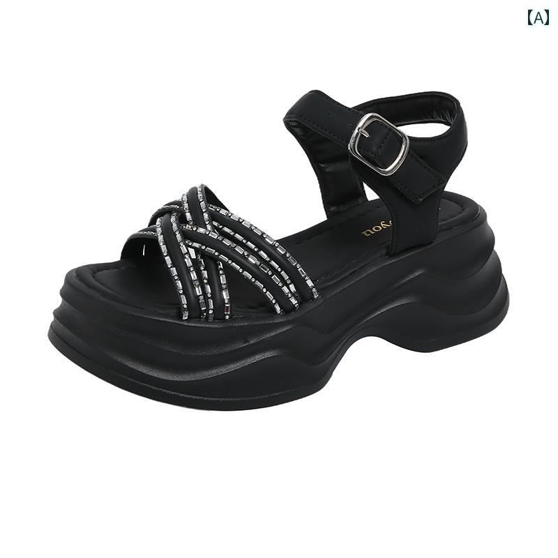 サンダル フランス製 ラインストーン 調節ベルト付き 厚底 オープントゥ 女性用 夏 安定性 歩きやすい 普段使い カジュアル ビーチ 6.5cm 滑り止め加工