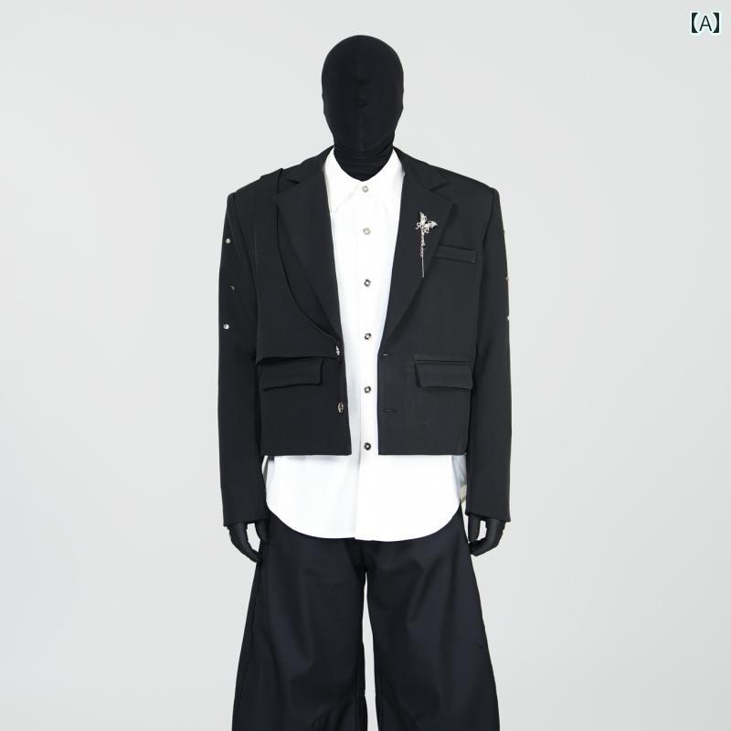 ショート丈 ショルダーパッド 高級感 ブラック ブレザー ジャケット エレガント 上品 かっこいい クール メンズ 韓国スタイル フォーマル モダン ユニーク