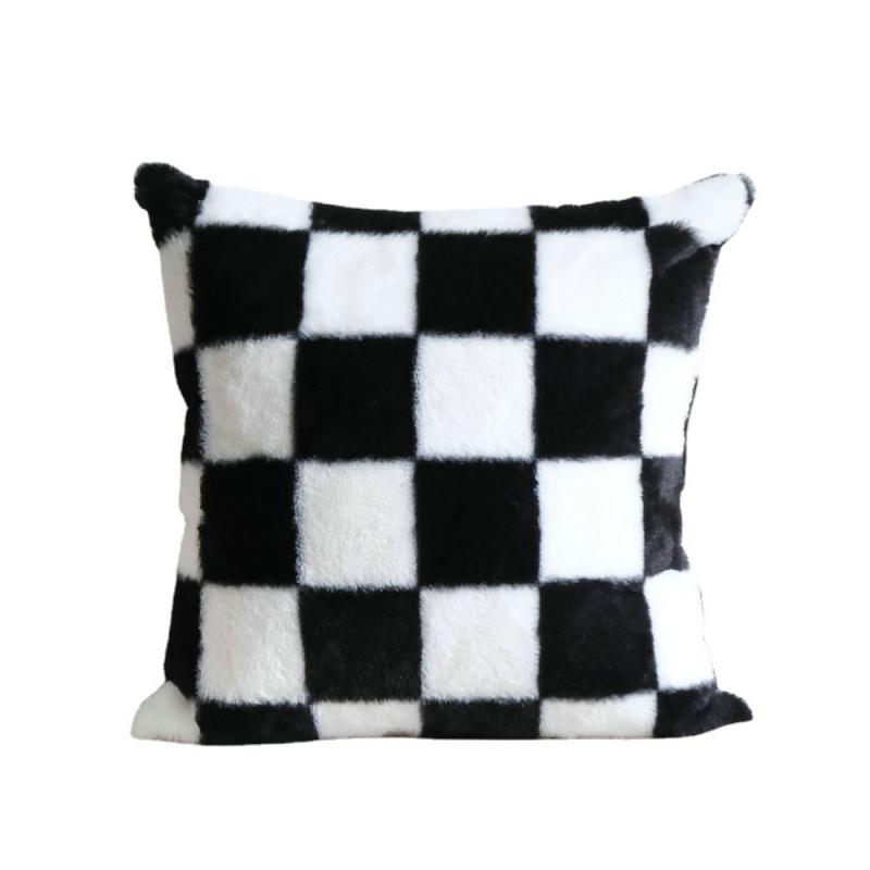 枕カバー 黒白 市松模様 ブロックチェック柄 チェス盤 シンプル カジュアル モダン クッション カバー 寝室 ソファ ファー 毛皮