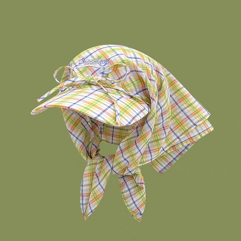 韓国 チェック柄 帽子 ヘッド スカーフ 一体型 キャップ リボン 春夏用 レトロ 日焼け防止 ストリート ..