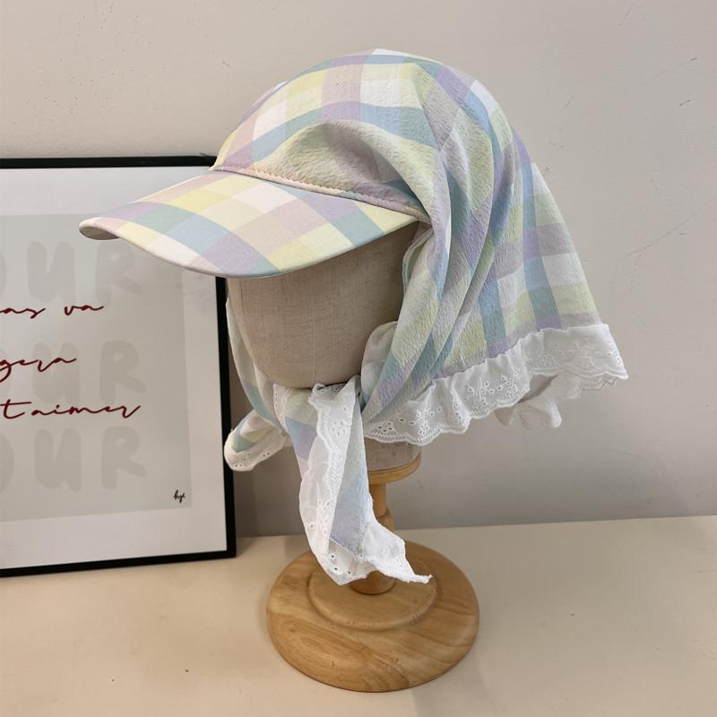 レディース 帽子 チェック柄 ダックビル キャップ ヘッドスカーフ 一体型 ペールトーン 淡い色味 日焼け防止 かわいい