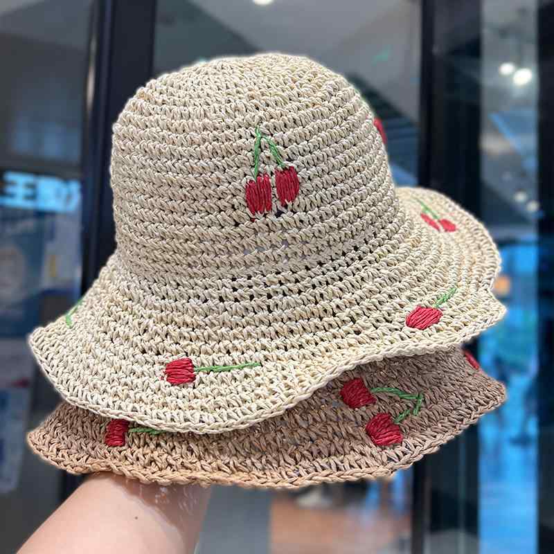 かわいい チェリー 刺繍 麦わら帽子 夏 日焼け防止 紫外線対策 フレンチ スタイル おしゃれ 軽量 万能