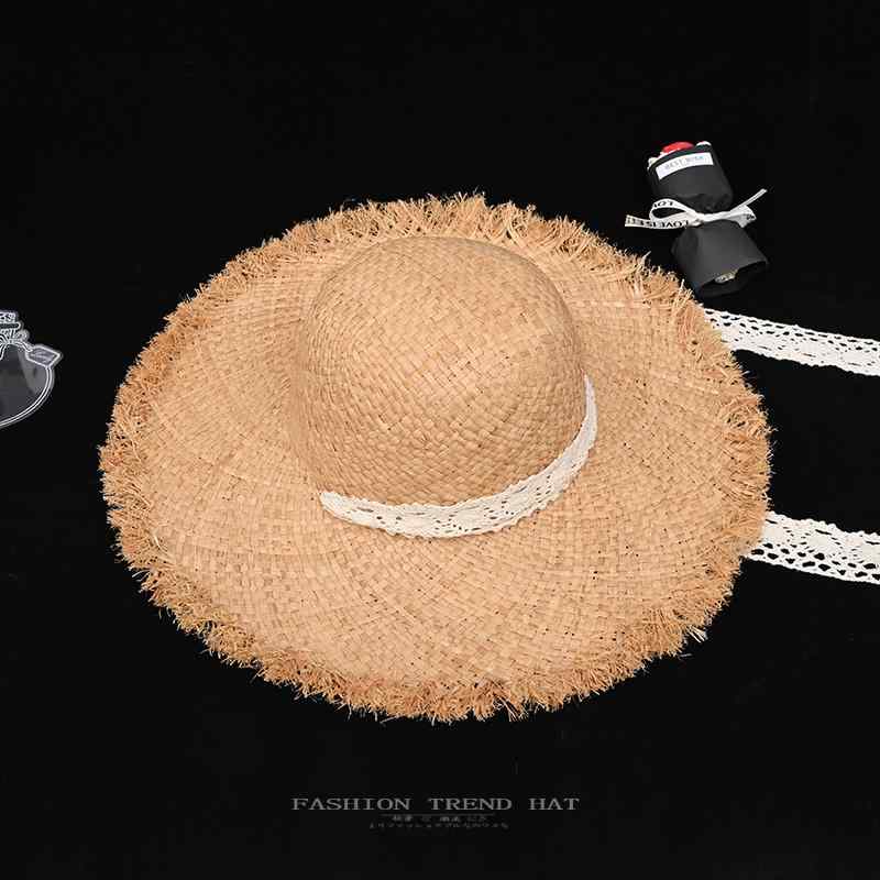 麦わら帽子 つば広 レディース 夏 ビーチ バケーション 日焼け防止 サンハット 海辺 レース リボン付き..