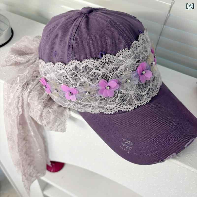キャップ 帽子 カジュアル 春夏 フェアリー つば 広 レース リボン スパンコール ラインストーン 花 レ..