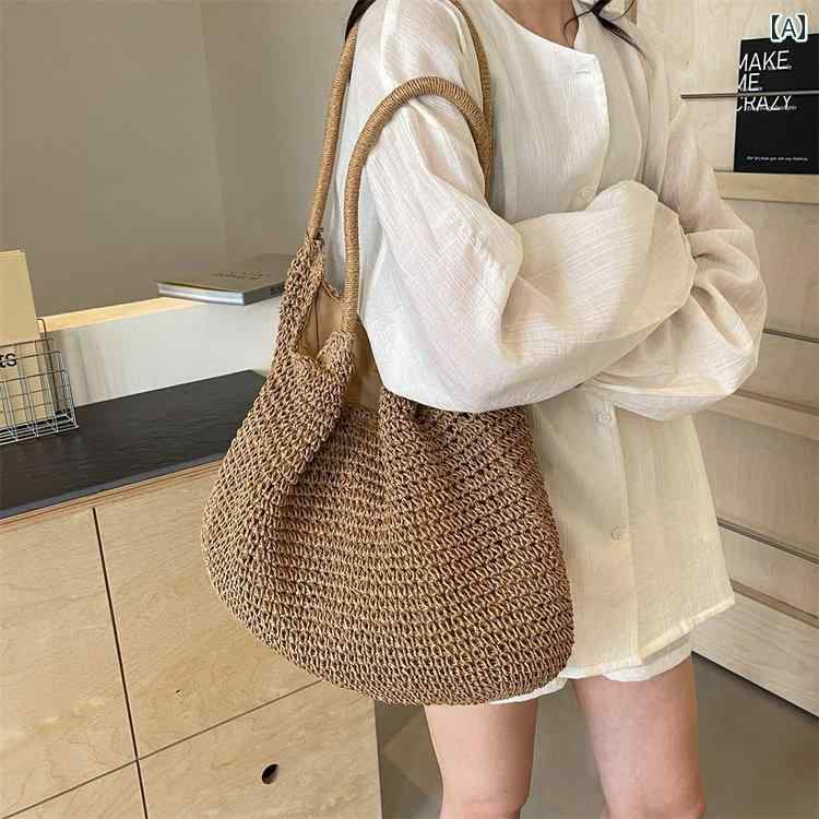 ストローバッグ ビーチ レジャー ボヘミアン レディース 夏 レジャー ワンショルダー 編み込み ファッション 海辺 休日 バッグ