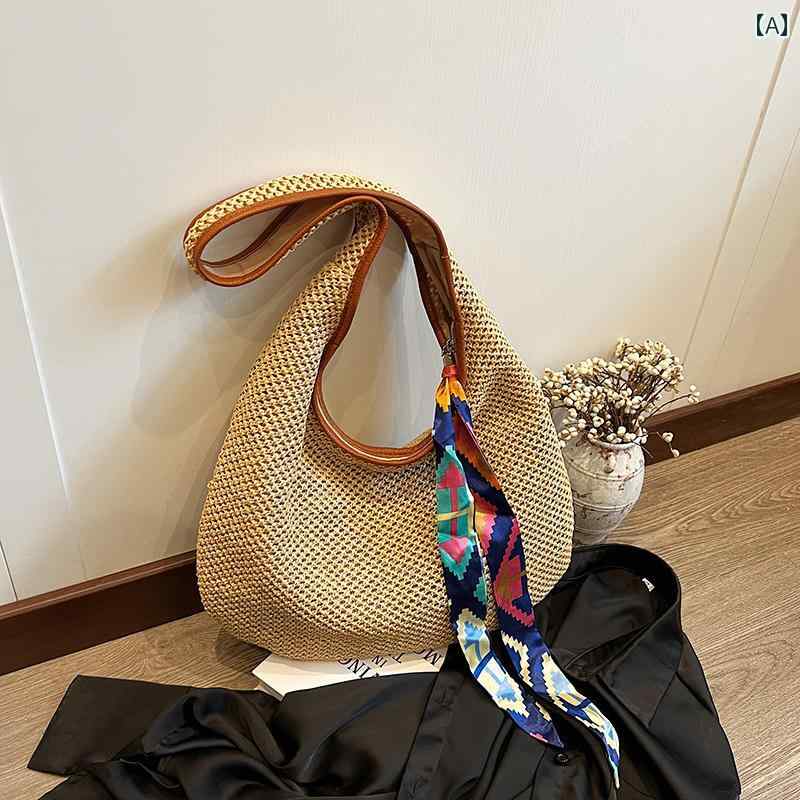 ストローバッグ ビーチ レジャー ボヘミアン レディース 手織り バッグ レトロ 大容量 カジュアル トートバッグ ポリエステル レジャー