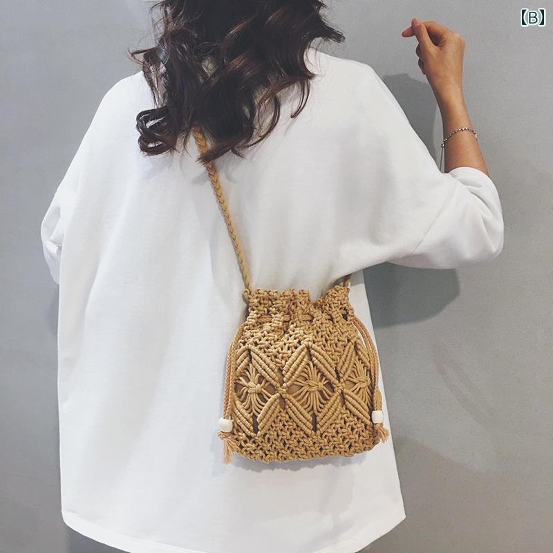 女性用 編み バッグ 個性的 スマートフォンバッグ ショルダー カジュアル ナチュラル クロスボディ バケットバッグ