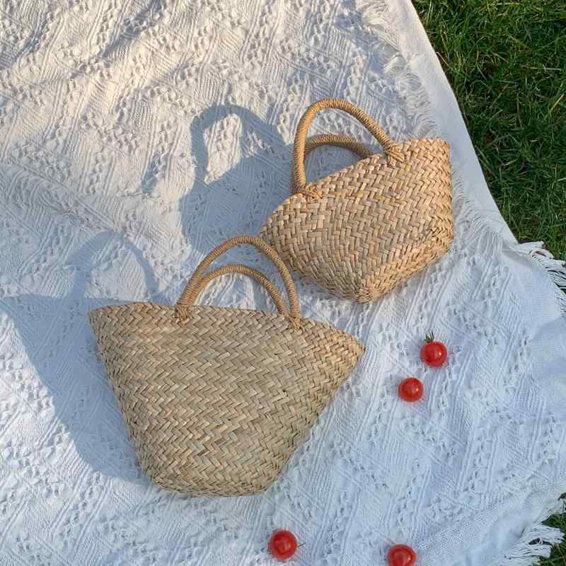 韓国 かわいい 小さい ハンドバッグ 無地 織り かごバッグ 小さい 親子 旅行 ストローバッグ カジュア..