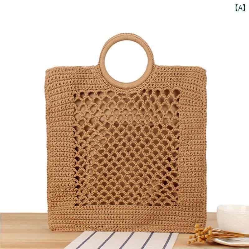 ストローバッグ ボヘミアン ビーチ レジャー ピクニック 無地 編み バッグ レディース コットン ロープ ネット シンプル カジュアル 軽量 おしゃれ 万能 大きめ