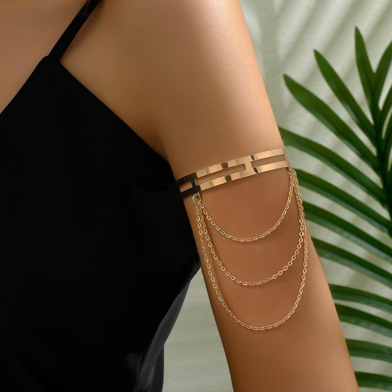 アームレット 腕輪 レディース アクセサリー ブレスレット アームリング 上腕 ロングチェーン ドレープ メタリック 合金 金 銀 メッキ ゴールド シルバー 自由調整 エスニック スタイリッシュ ボヘミアン