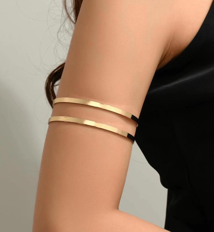 アームレット 腕輪 レディース アクセサリー ブレスレット アームリング 上腕 腕輪 フラット 2重層 シンプル オープンバングル 合金 メッキ 金 銀 濃銀 調整可能 スタイリッシュ モダン おしゃれ エレガント ミニマル