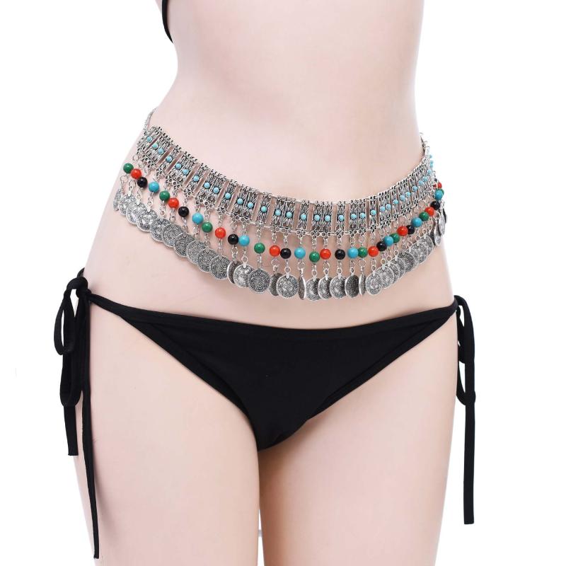 ウエスト チェーン ビキニアクセ ボヘミアン カラフル ビーズ コイン ロング フリンジ レトロ ベルト ダンス パフォーマンス アクセサリー アート シルバー