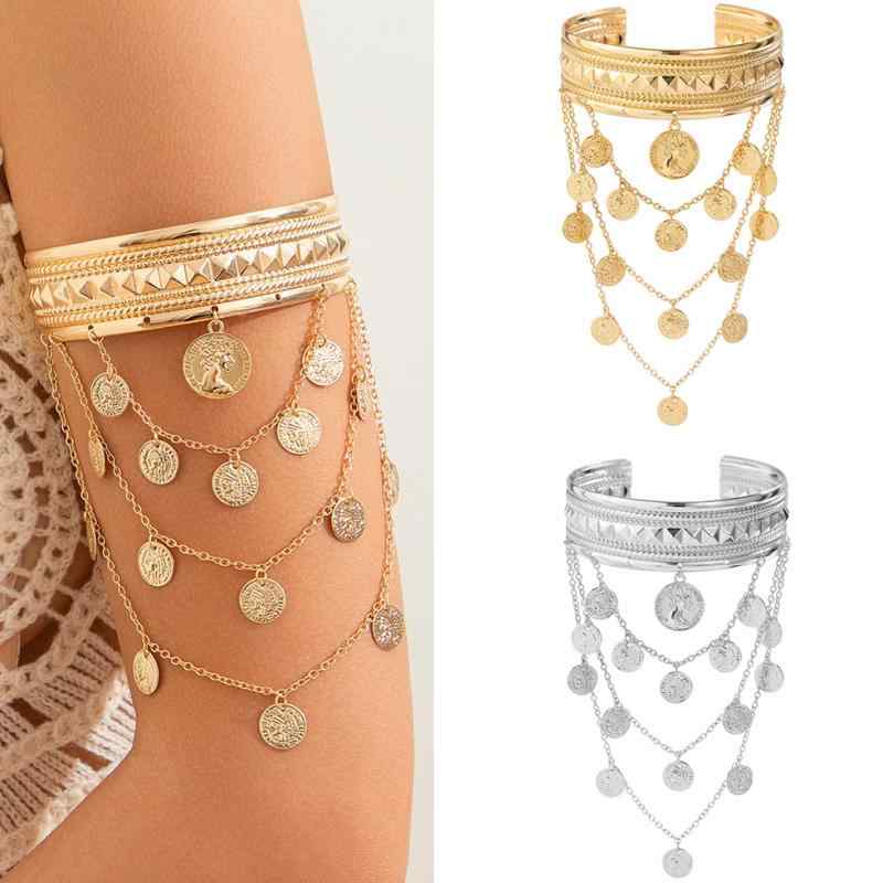アームレット 腕飾り レディース アクセサリー ブレスレット ワイド 腕輪 アームリング チェーン ドレープ メタルコイン チャーム 合金 金 銀 メッキ 幾何学 パターン模様 オープン エスニック レトロ アームバンド バカンス