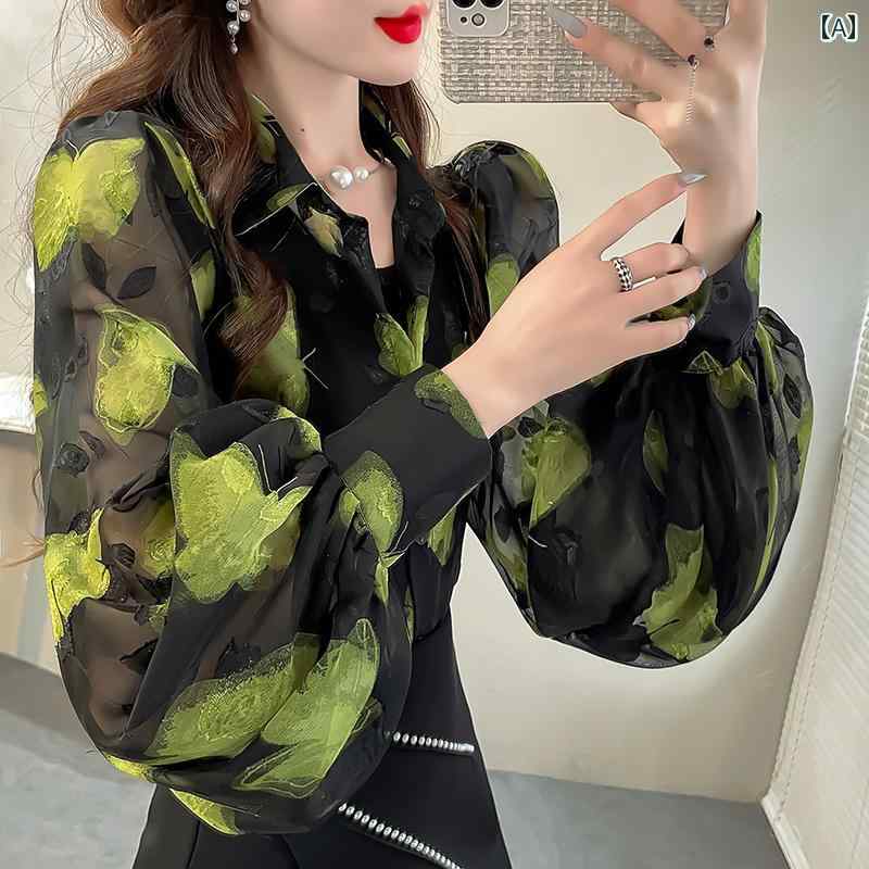 ブラウス グリーン 蛍光 蝶 刺繍 ジャカード 日焼け防止 シャツ トップス レディース ゆったり 透け感 ランタンスリーブ シフォンシャツ 春