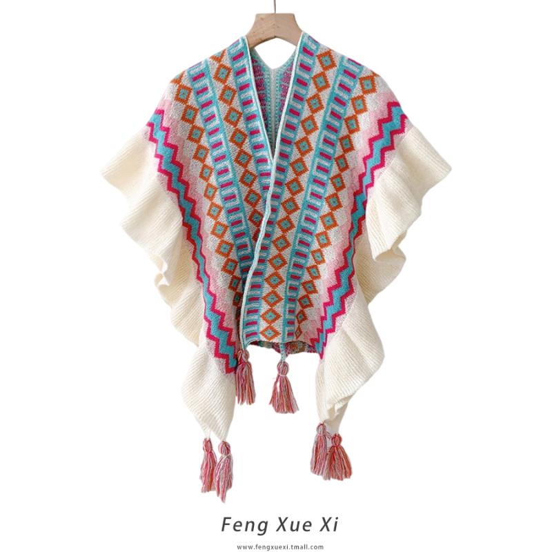 ボヘミアン レトロ アウターウェア 大きい ショール レディース 春秋 ニット ケープ エアコン スカーフ エスニック カジュアル おしゃれ モダン 冷房対策 紫外線対策 エキゾチック