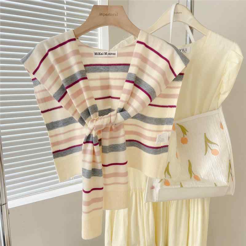 春夏秋 ベージュ グレー キャメル ストライプ エアコ ネックプロテクター ショール レディース 結び目付き スカーフ カジュアル おしゃれ モダン エレガント トレンディ 冷房対策 紫外線対策 上品