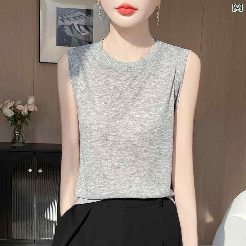 Sleeveless - レディース ファッション トップス 女性 春夏 ハイエンド ラウンド ネック ニット ベスト ノースリーブ レイヤリング シャツ スリミング 無地 薄手