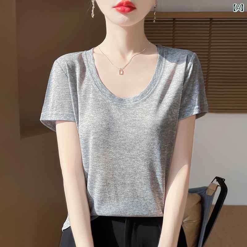 Short Sleeves - レディース ファッション トップス 春 シンプル スリム Uネック Tシャツ ソフト 半袖 カジュアル 普段着 ベーシック 無地